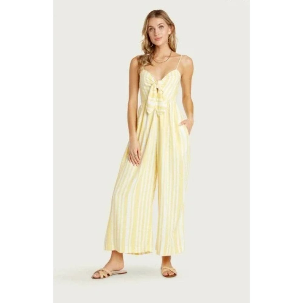 Willow CINDY Jumpsuit in Lemon Stripe Linen Blend Cropped Wide Leg Size Small